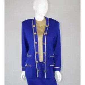 St. John Collection By Marie Gray Blue Cardigan Jacket With Gold Trim & Buttons
